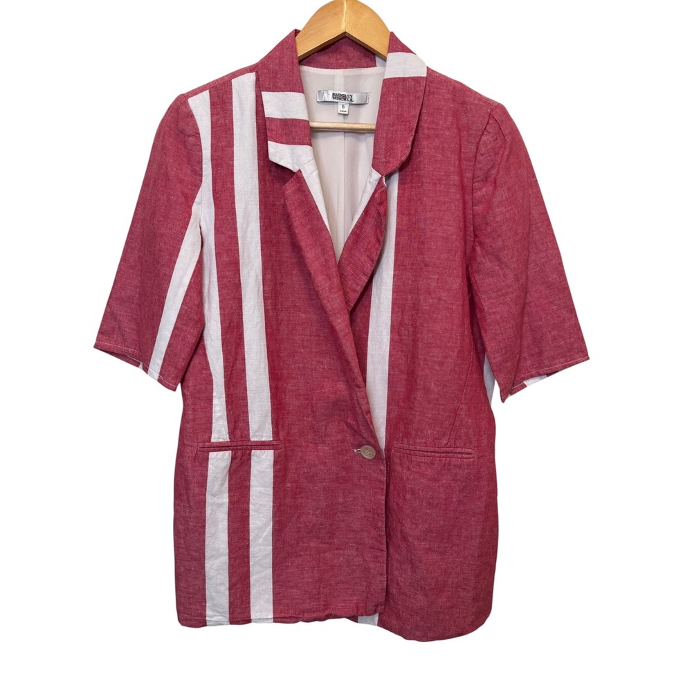 Badgley Mischka Womens Blazer 6 Red White Striped Short Sleeve Nautical Chic